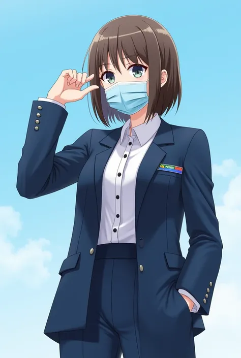 woman in a suit and mask making a gesture with her hand, jk uniform, seifuku, with two front pockets, girl in suit, girl in a suit, school uniform, plain uniform sky at the back, uniform, girl wearing uniform, blue uniform, work clothes, business attire, f...