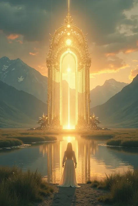 There is a lake in the prairie and a mountain in the distance . lake standing in front of a shining person in front of a golden gate