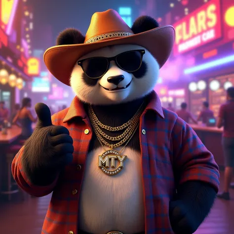 An ultra-realistic, vibrant anthropomorphic panda with a short, cartoonish Funko-like build, depicted from the waist up. The panda wears a classic Monterrey-style cowboy hat (tejana), dark sunglasses, and an open checkered cowboy shirt, revealing a chest a...