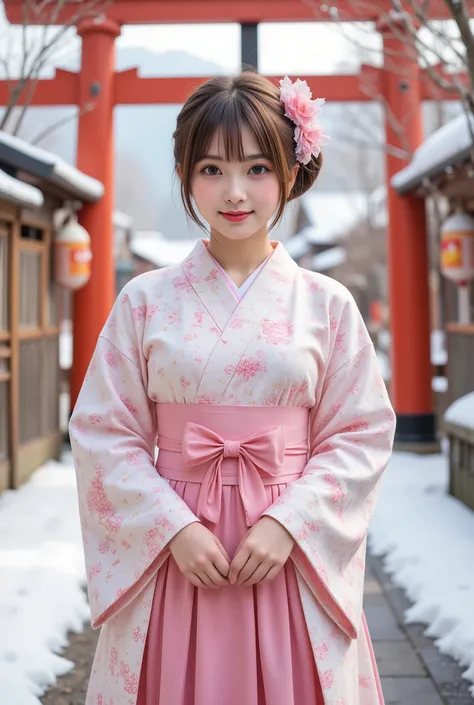 A bright winter day during the Japanese New Year. In the traditional setting of a shrine, with a red torii gate and a snow-dusted pathway, a beautiful high school girl in traditional attire visits for her first shrine visit of the year (hatsumode). She is ...