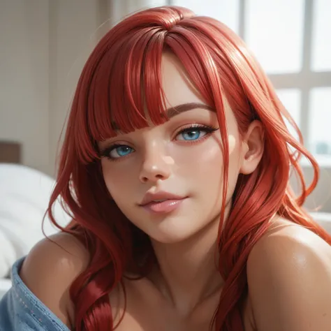 female, curvy, thick, sexy, lovely, long red hair, noble front bangs, bright blue eyes, light purple lip stick, tan skin, pleased, naked, head shot, head, close up,