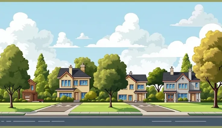 Prompt:

A colorful suburban neighborhood scene with rows of modern houses surrounded by green trees and neatly trimmed lawns. The houses are two-story, painted in pastel shades of yellow, blue, and beige, featuring large windows and sloping roofs. A clear...