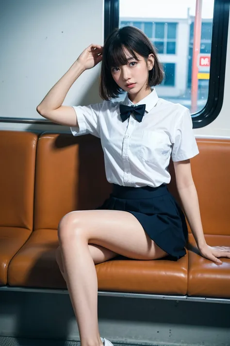 masterpiece, High resolution, Ultra High resolution, 4K, perfect hands,Black bob Hair, Japanese Girls, Navy blue Uniform skirt, White shirt, bow tie, Accentuate your thighs, White thighs, Soft thighs, Shiny thighs, Sitting on, Facing angle, Angle from belo...