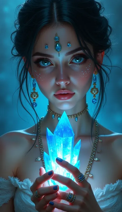  This image is a portrait of a woman with bright eyes and detailed makeup.  She is holding a beautiful glowing crystal ,  earrings and rings that emit blue light .  Her face and skin are depicted artistic patterns ,  body art jewelry ,  which gives her a m...