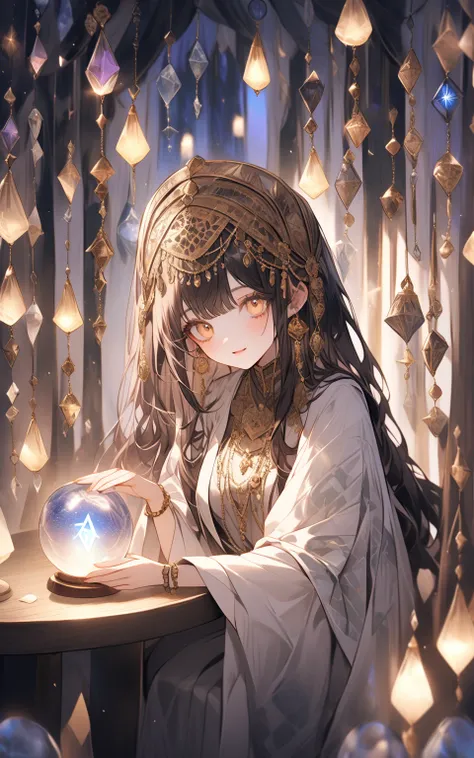 The legendary fortune teller Prompt: A mystical fortune-teller seated in a lavish, candlelit tent filled with mysterious artifacts. She wears flowing robes adorned with celestial patterns, and her wrists are stacked with jingling bracelets. Her deep, enigm...