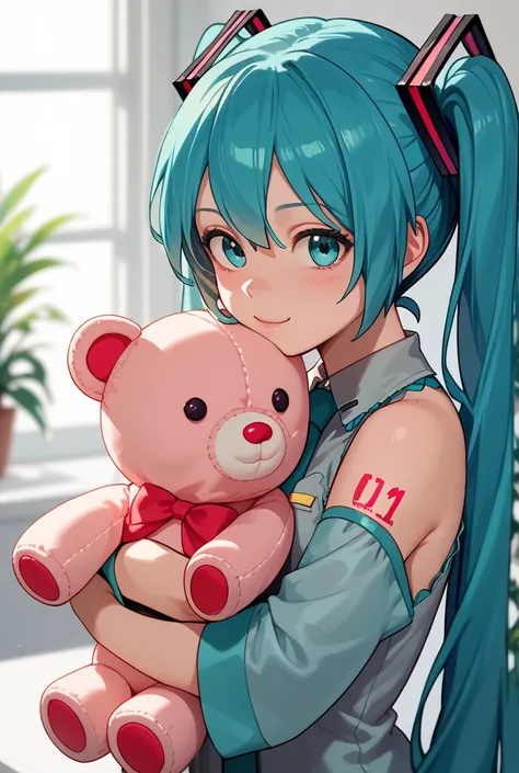 Hatsune Miku with her blue hair and red bangs on her forehead while hugging a Hatsune Miku plush toy 