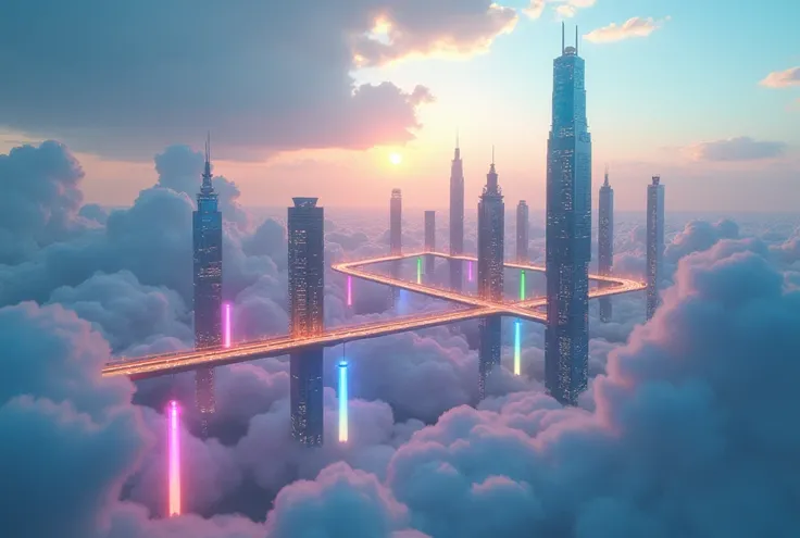 "A floating metropolis in the sky, futuristic glass skyscrapers glowing with rainbow light, connected by luminous bridges, surrounded by fluffy clouds, sunlight breaking through, surreal cityscape, otherworldly architecture."