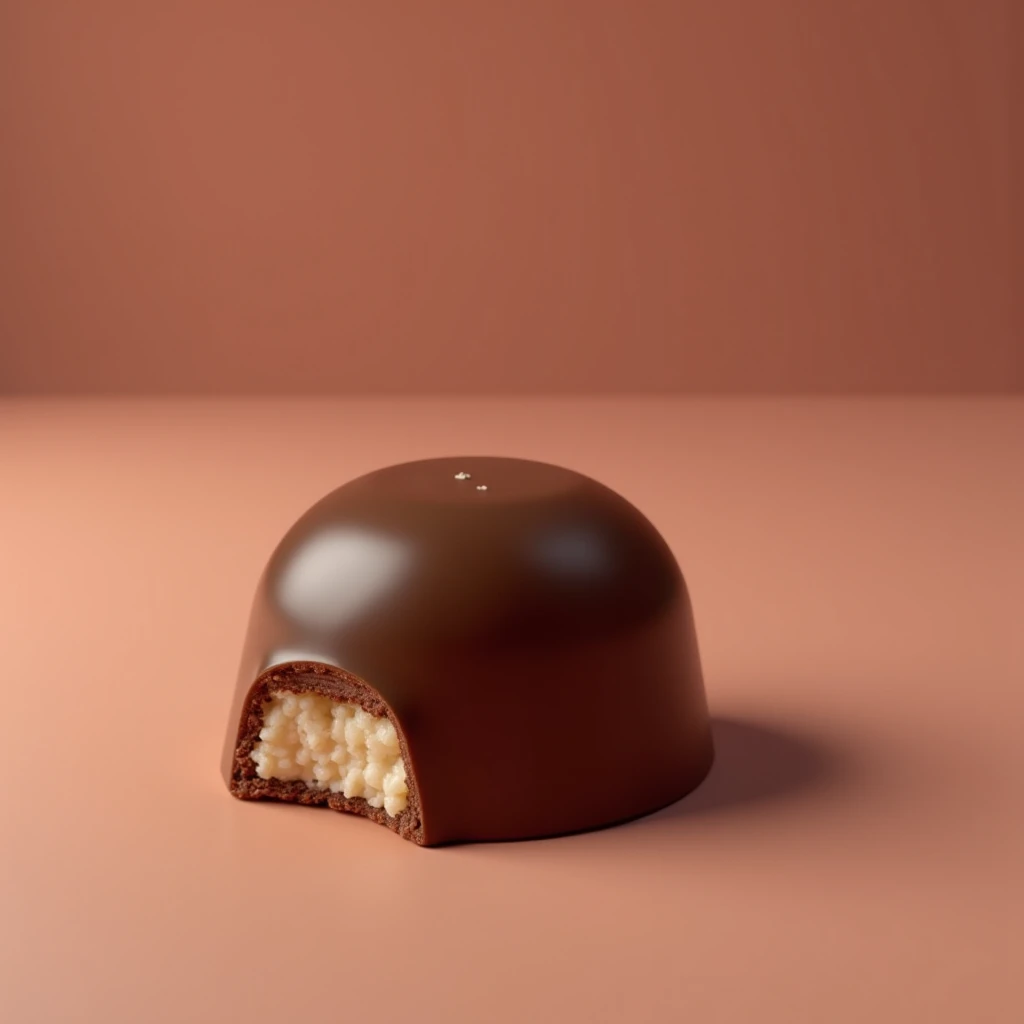 Simple textured surface, photorealistic lighting, 16:9 aspect ratio. One chocolate candy without packaging, when you take it out, you can see a piece of creamy filling. Завораживающий крупный план прекрасной маленькой птички, освещенной мягким золотым свет...