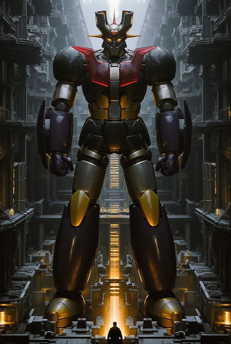 A very realistic giant version of Mazinger Z ,  standing 100 meters high in a forward position.  reactor equipment production line constructed with modern materials such as steel ,  Carbon Fiber ,  other industrial elements are also visible ,  just like th...