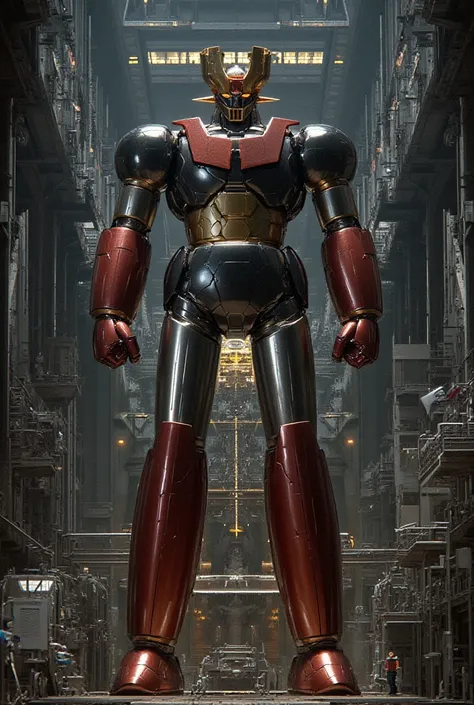 A very realistic giant version of Mazinger Z ,  standing 100 meters high in a forward position.  reactor equipment production line constructed with modern materials such as steel ,  Carbon Fiber ,  other industrial elements are also visible ,  just like th...