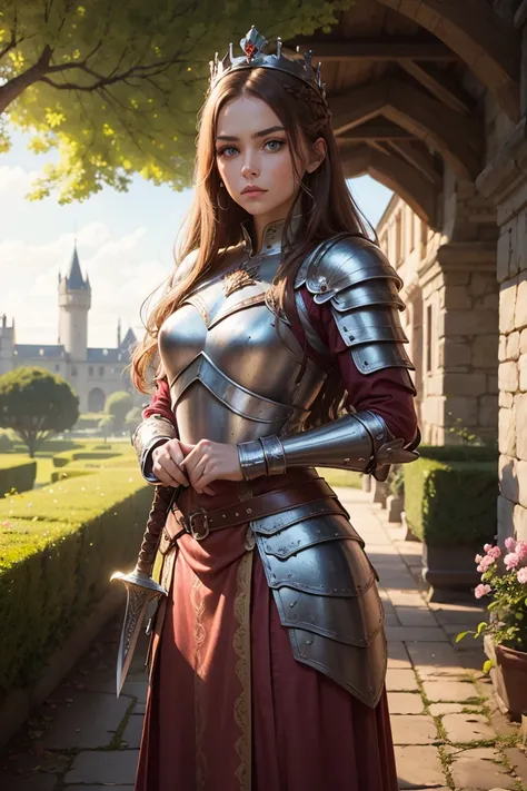 Warrior Queen, Leather armour, in a castle garden, Long Hair,  Blue eyes, crown, sunshine,  brown hair, weilding a sword, pink clothes