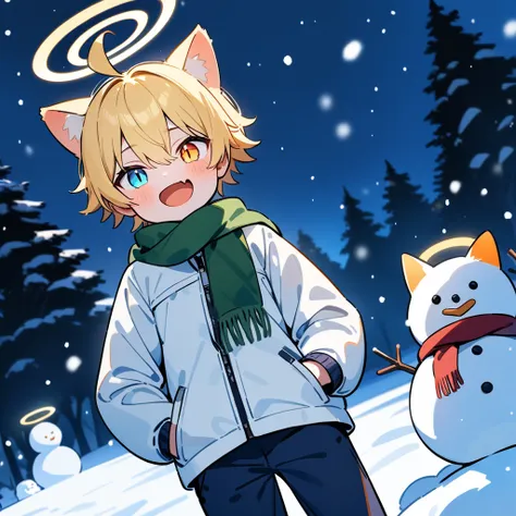 （masterpiece：1.2，high quality），8k，High resolution，A seven-year-old boy，cute boy，blonde hair，short hair，heterochromia，slit pupils， ahoge，cat ears，Halo，laughing， skin fang，Wearing a white coat，scarf，Dark blue pants， ，night， tree，，primary school student，thigh...