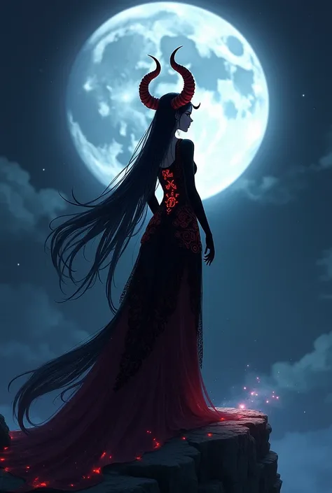 

"A majestic anime demon queen standing on a rocky cliff, viewed from behind, her long flowing hair cascading down her back. Her silhouette is framed by the glowing full moon high in a dark, star-filled sky. She wears an intricate, dark gothic dress with ...