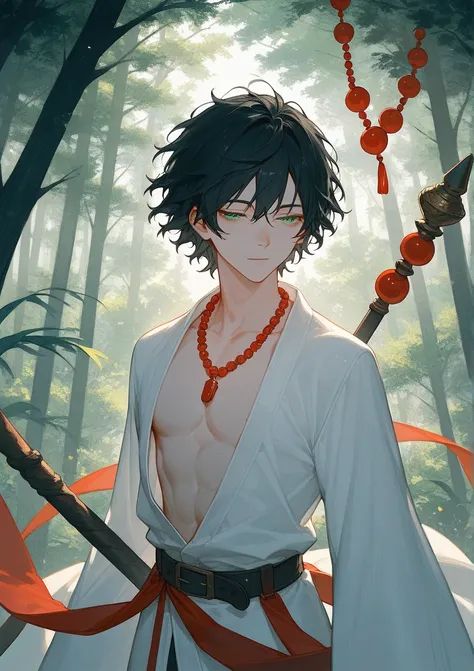 score_9, score_8_up, score_7_up, close up, boy, solo, black hair, medium hair,  wavy hair, green eyes, ((narrowed eyes)),  white robe, red beads, necklace, staff , ((Chinese elements)), ((hands)), belt, belt bags, (Chinese accessories), forest, open chest,...