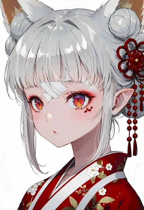  kitsune girl in red and white yukata,  with red eyes ,  white hair bandage on the eyes,  tied in a bun , fox white ears .