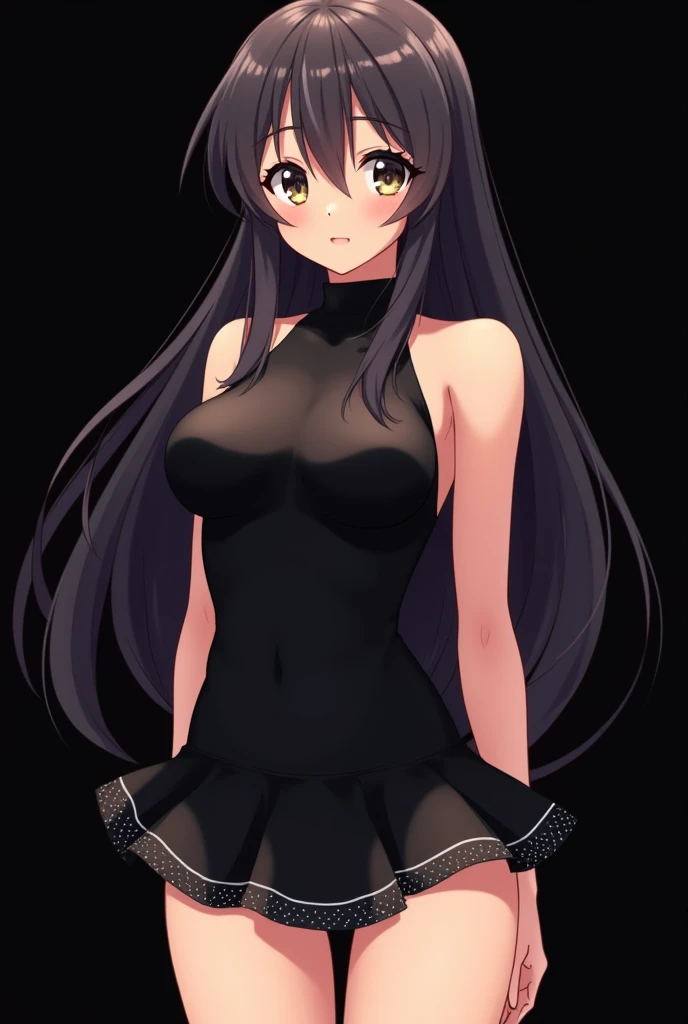 anime girl standing in a black swimsuit and a short skirt