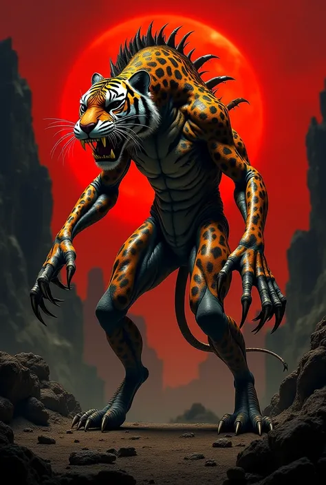 "A hybrid creature combining features of a giraffe and a tiger, seamlessly integrated into a monstrous, dangerous entity. The creature has the elongated neck and spots of a giraffe, blended with the muscular body, sharp claws, and fierce striped patterns o...