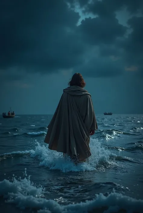  at night ,  a man Jesus dressed in a cloak  , dark brown hair,  walking on water  , Even a boat with 11 men inside,  and a man going out to meet Jesus  , who came to meet you on the boat 