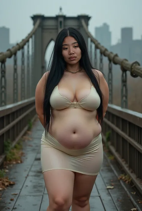 Overweight Breasts A bitch with a very fat bbw body naked in the middle of a dilapidated bridge,(GOTH GIRL PURPLE LIPS)). ((Crotch singlet short)), Close up image,  Hands behind back , pakai transparent cream latex mini skirt pendek, kedua belah tangan dil...