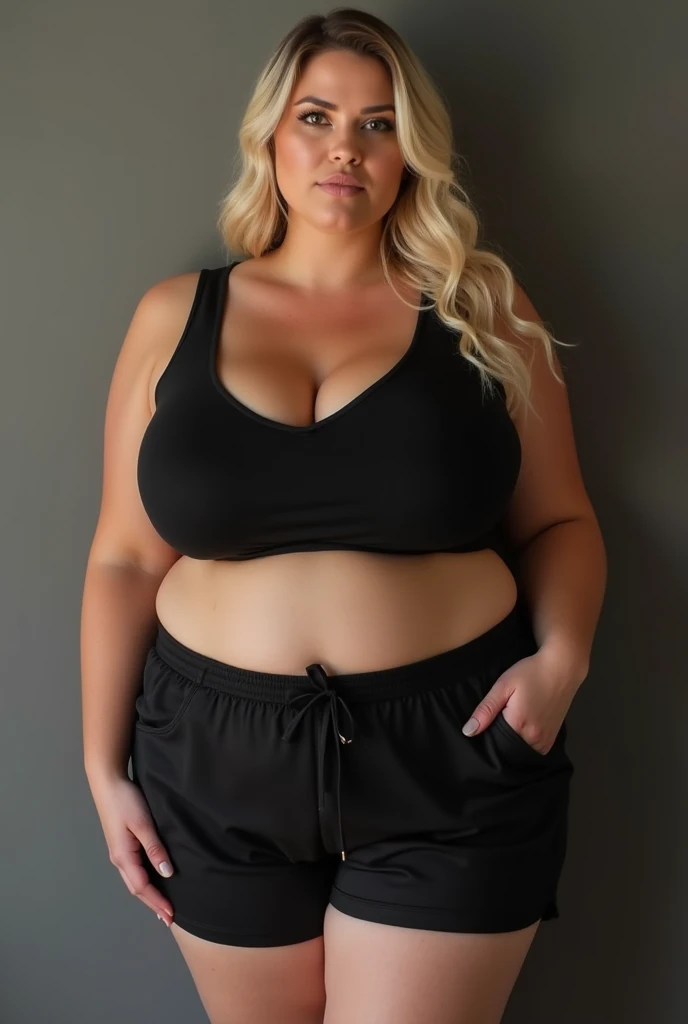 6 foot tall plus-size model with black crop top and tight shorts, white woman, beautiful, massive body, morbidly obese, fattest woman on earth, beautiful face, extremely wide hips, widest hips ever, inhumanly wide hips, gargantuan ass, enormous belly, bulg...