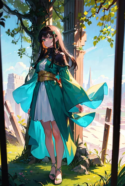 An anime-style illustration set in a breathtaking post-apocalyptic world on the brink of renewal. In the foreground, Kian and Lira stand back-to-back on a grassy hill, symbolizing their connection and shared sacrifice for the world.
Kian, standing tall, ha...