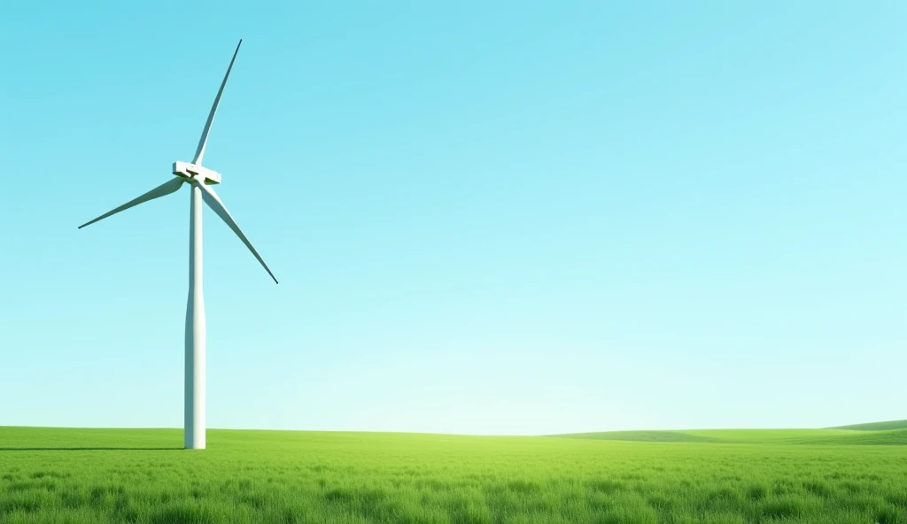 A wind turbine standing tall in an open green field under a clear blue sky, representing renewable energy, minimalistic and photorealistic, 16:9 aspect ratio