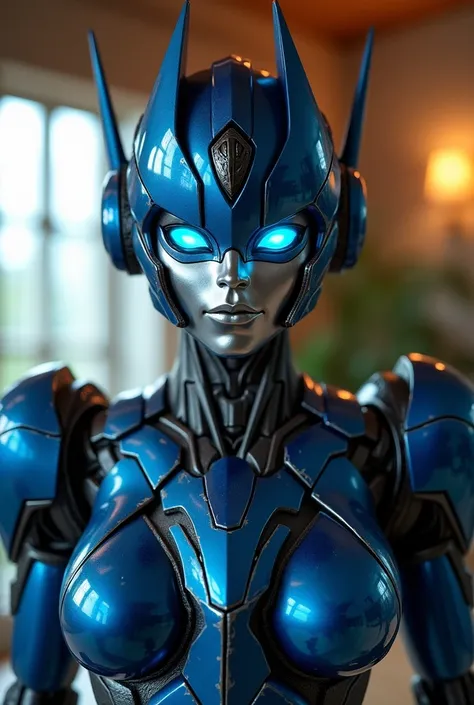  Arcee the autobot robot from transformers in the family room. Looking at and standing up super close to the camera like a close selfie  
Arcee metallic robot face
Dark metallic blue  muscular autobot body
cute lip smile 
Massive even robot  breasts
Beauti...