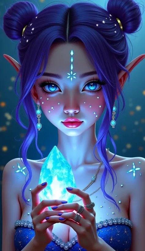  This image is a portrait of a woman with bright eyes and detailed makeup.  She is holding a beautiful glowing crystal ,  earrings and rings that emit blue light . Her face and skin are decorated with artistic glowing patterns,  body art jewelry ,  which g...