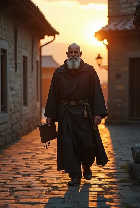  Fyodor Ushakov in monastic attire, walks through the monastery courtyard at sunset, in hand, a prayer book 