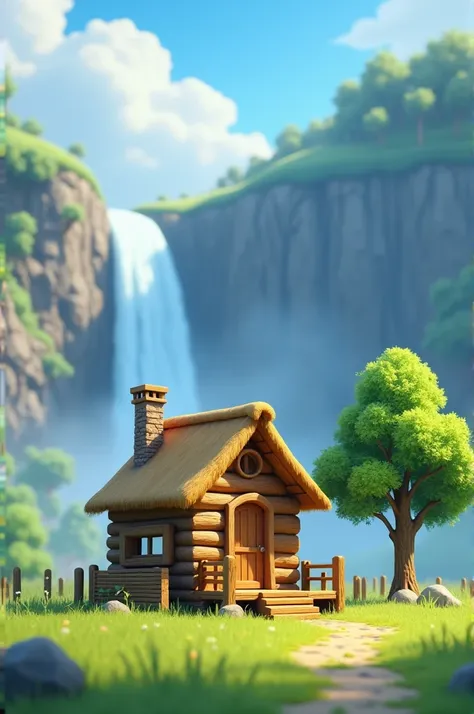 The image shows a small wooden cabin with a thatched roof nestled in the middle of a lush green field. The cabin has a porch with a bench and a tree on the right side. In the background, there is a waterfall cascading down a rocky cliff. The sky is blue an...