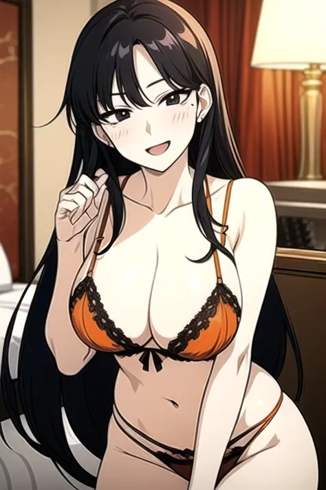 beauty mark, (((orange sexy lingerie))), beautiful woman, ((Black long hair 1.5)), Very detailed、 (huge breasts),highest quality、Best image quality、masterpiece、8k、Anime Face、A kind smile、Open Mouth、、big breast, sexy、 beautiful body 、Cowboy Shot, Sexual Int...