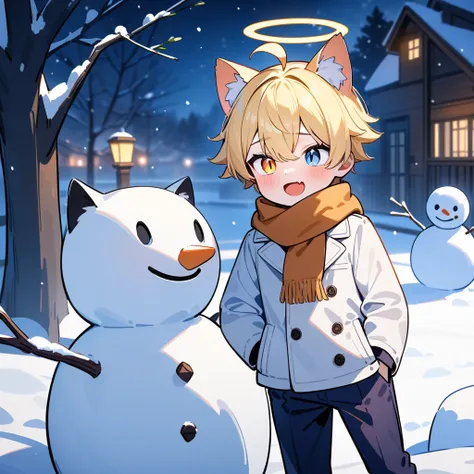 （masterpiece：1.2，high quality），8k，High resolution，A seven-year-old boy，cute boy，blonde hair，short hair，heterochromia，slit pupils， ahoge，cat ears，Halo，laughing， skin fang，Wearing a white coat，scarf，Dark blue pants， ，night， tree，，primary school student，thigh...