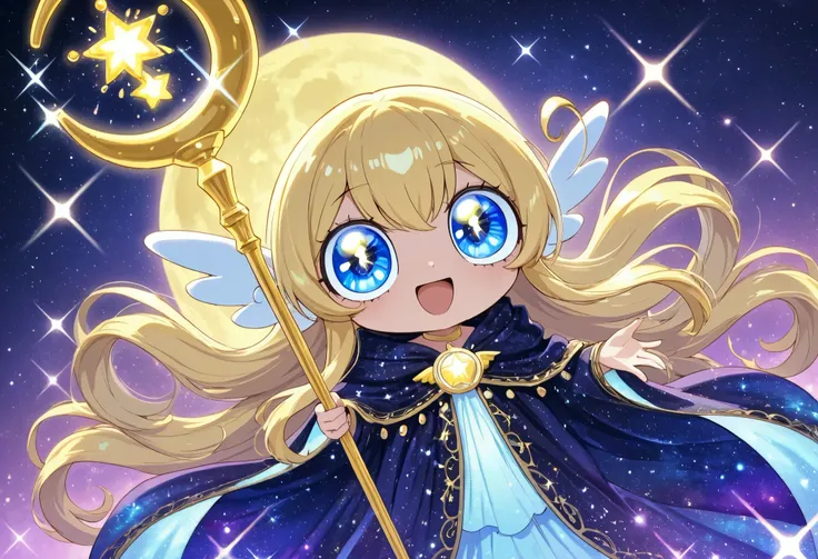 An enthusiastic female sorcerer (long hair, sparkles, ornate robe, huge eyes, magical girl moon staff) is racing to join a grizzled band of veteran adventurers.