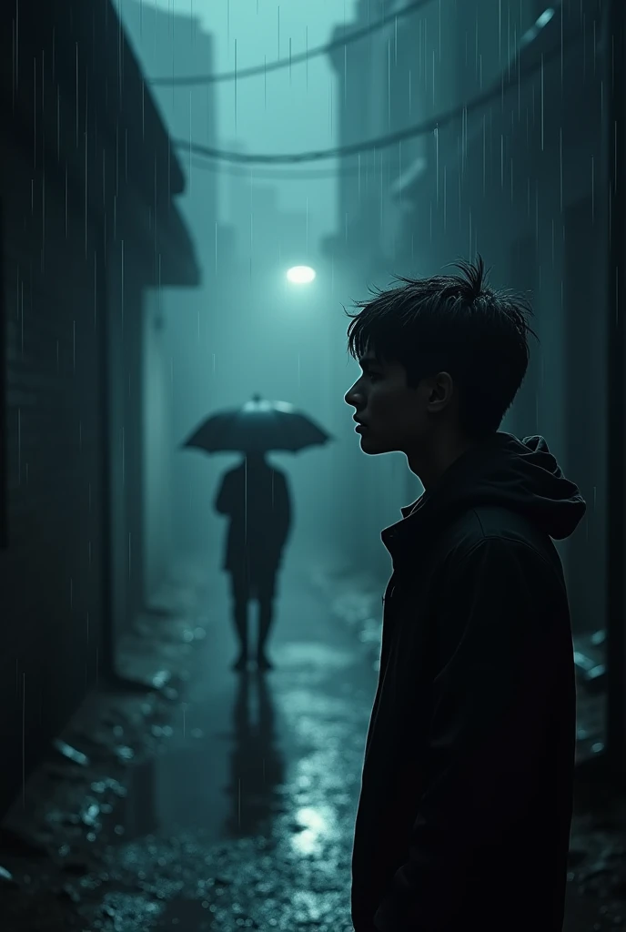 "A cold, rainy night scene with a lone figure standing in an alley, drenched without an umbrella. A faint light from behind casts an eerie glow on the alley. In the foreground, a young man (Raghav) looks at the stranger with a concerned expression. Raindro...