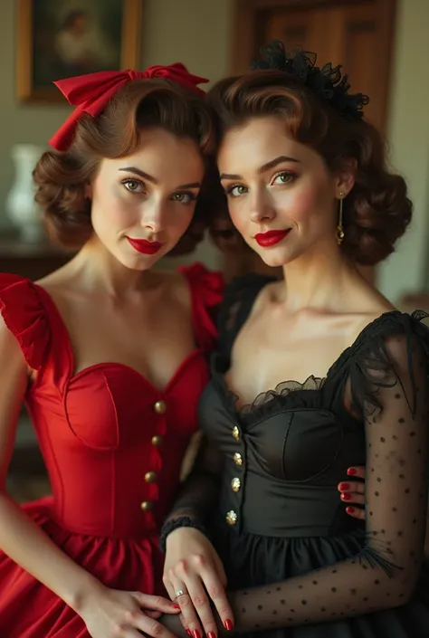 ((Seriously Victoria in the U.S.1950s Lesbian Girls Retro Dreams:1.52)), (((2 Girls))), (Low teenager), ((11yo)), (Sexually attractive Fashion), (Wearing Erotic See−thought costume:1.4), Looking at viewers, Natural Smile, 1950s gorgeous hair style, Huge br...