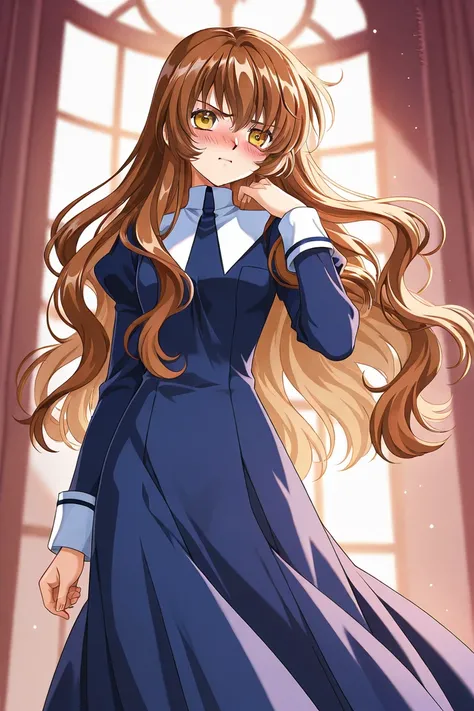 A girl that is an student. She has long wavy Brown hair with shiny golden eyes with blue dress uniform. She is Angry, but blushing nervous. Kind. Clamp Tsubasa chronicles art style. 