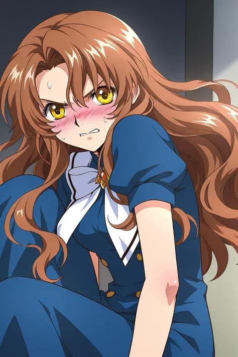 A girl that is an student. She has long wavy Brown hair with shiny golden eyes with blue dress uniform. She is Angry, but blushing nervous. Kind. Clamp Tsubasa chronicles art style. 