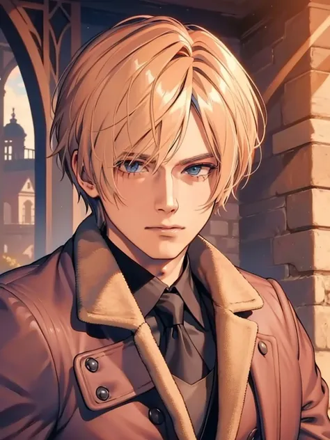   Young man  ,  hazel blonde hair , palette of red tones