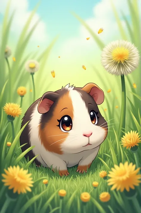 Anime guinea pig eyes and the color of the guinea pig is light brown white and black that finds long grass and dandelion flowers 