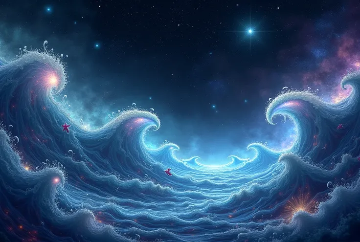 "A cosmic ocean with waves made of swirling galaxies and nebulae, strange alien creatures swimming beneath, stars twinkling in the deep black sky, surreal and magical sea, universe-inspired fantasy."