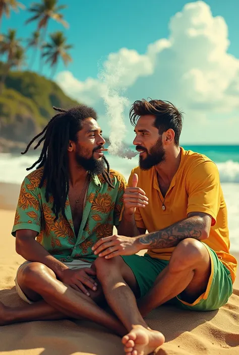 Bob Marley with Leo Messi smoking on the beach