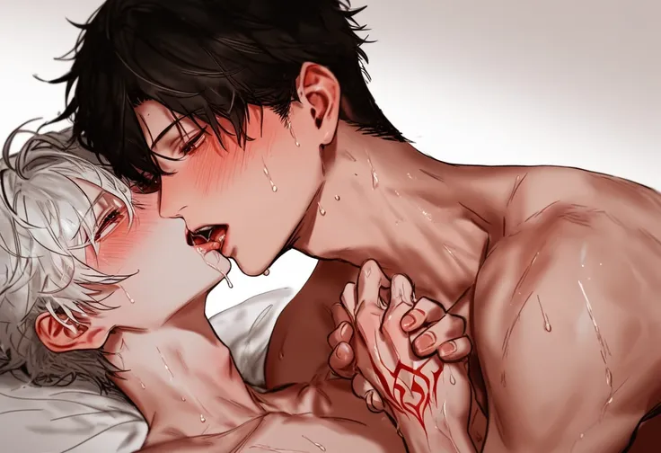 Boy couple ，Men， white background，On the bed，躺在On the bed，Korean comic style，kiss，Holding Hands，Hand to hand ，Young and energetic， is in good shape ， Smooth Skin， is handsome脸瓜子脸，龙Tattoo， Korean comic style ，muscle， White Skin，Tattoo，wet hairstyle ， Sweati...