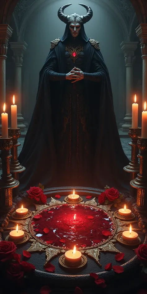 An offering to a vampire god with blood, treasures, black roses, Precious stones, candles