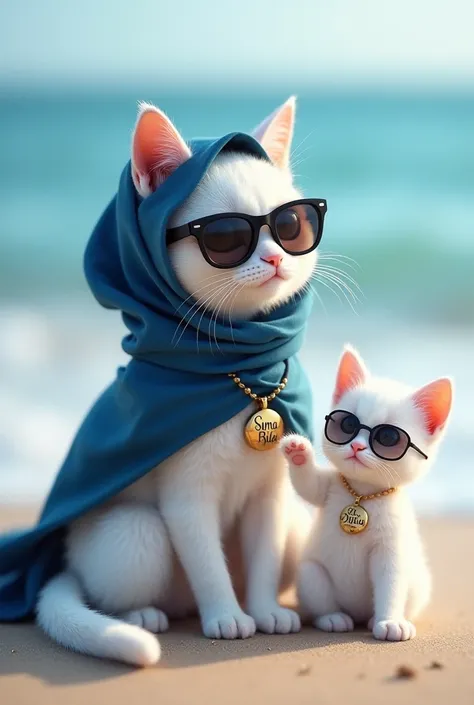 Cute white lady cat sitting with style in sea beach with Dark Blue hijab and Blue borkha, and full black sunglasses, with a locket which have name written "Sima Bilai", And a  baby cat giving salute to the lady cat. Boy baby cat with a locket which have na...