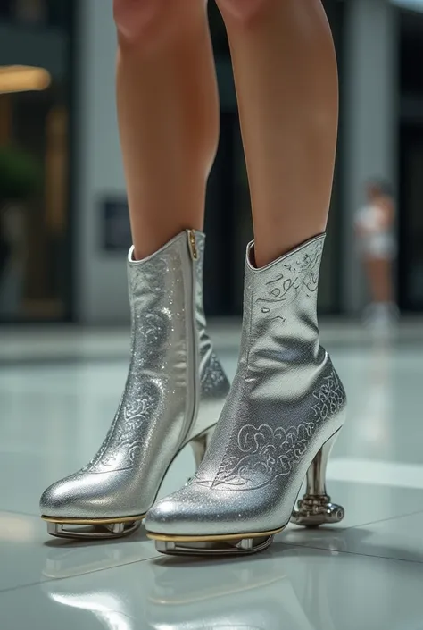 Woman’s feet in silver high heel roller skates 