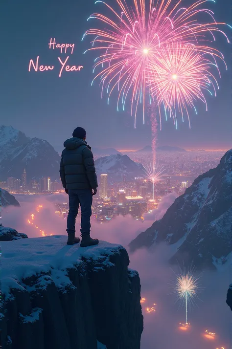 A 20 year old boy wearing winter jacket and cap and watching City from top high mountain edge and in the sky full of firecrackers and a text Happy New Year in sky