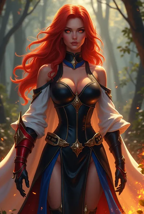 Create Kingdom Hearts style a beautiful woman with long wavy red hair with red eyes with big perky tits beaked with thick thighs with round perky ass wearing a shimmering obsidian black wide chest vest with long pointed shoulders with a white cloak with bl...