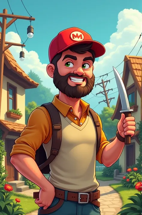 Draw a cartoon-style picture of a man with a short beard, a red cap on his head, and a knife in his hand, along with a beautiful village scene with electric poles.