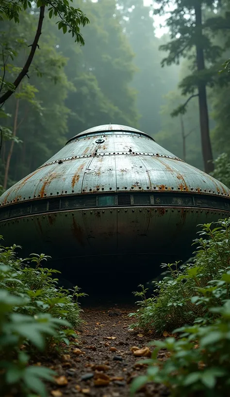 amazing great masterpiece, UHD, 8K, very detailed, a mysterious ufo object that is broken, abandoned ufo, a very large ufo object, gigantic ufo, silver in color, in a very dense forest, very complicated bushes, rusty ufo material that is dirty and mossy, v...