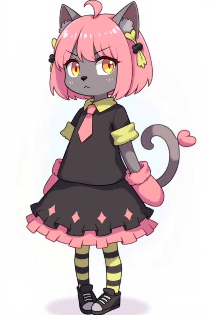 She is also a cat, like Husk. With dark gray fur, 3 small light yellow hearts on each cheek, small eyebrows in the form of a circle, pointed ears, a black nose in the form of a heart. tail with a tassel at the end, and the tail itself in bright pink stripe...